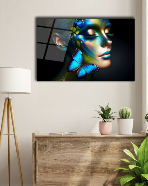 Mavi Makyaj Kelebek Detay Kadın Cam Tablo
