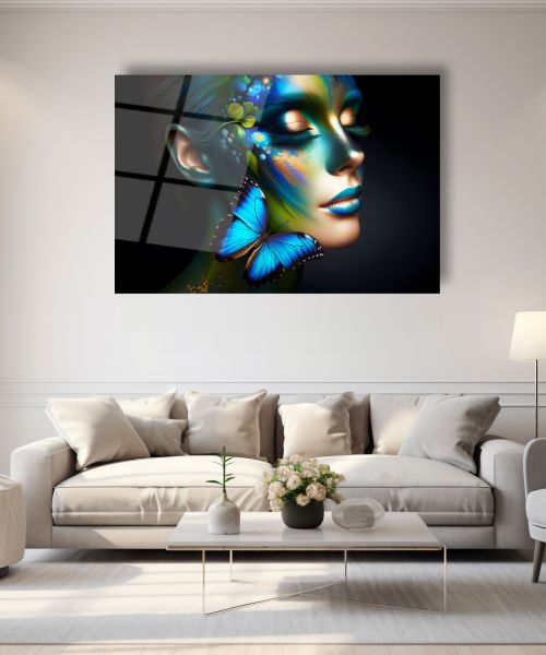 Mavi Makyaj Kelebek Detay Kadın Cam Tablo