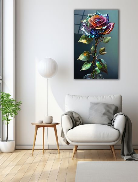 Modern Renkli Yapraklı Gül Cam Tablo