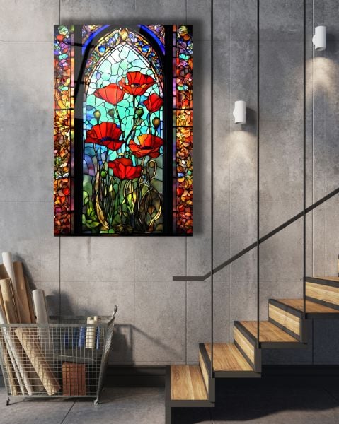 Vitray Çiçekler Cam Tablo