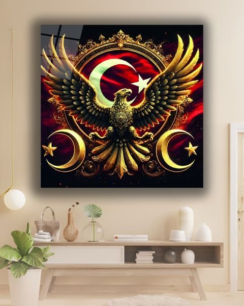 Kartal ve Türk Bayrağı Kare Cam Tablo