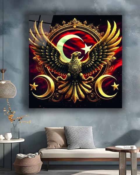 Kartal ve Türk Bayrağı Kare Cam Tablo