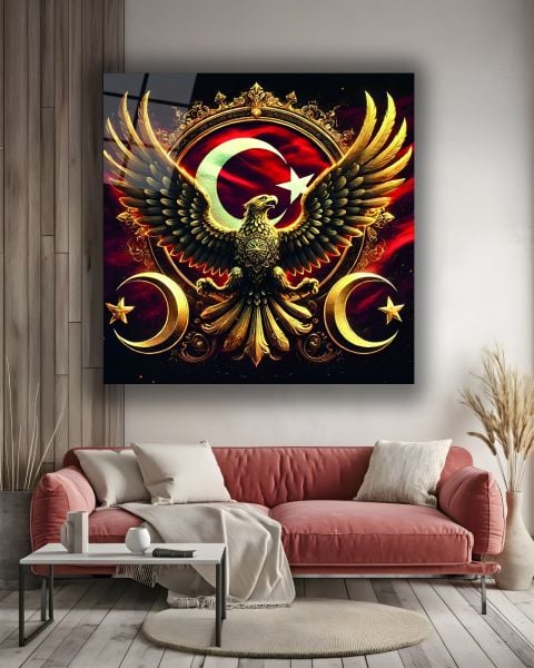 Kartal ve Türk Bayrağı Kare Cam Tablo