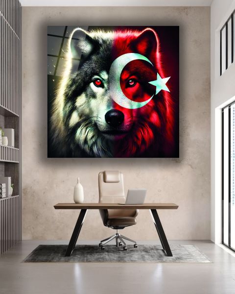 Bozkurt ve Türk Bayrağı Kare Cam Tablo
