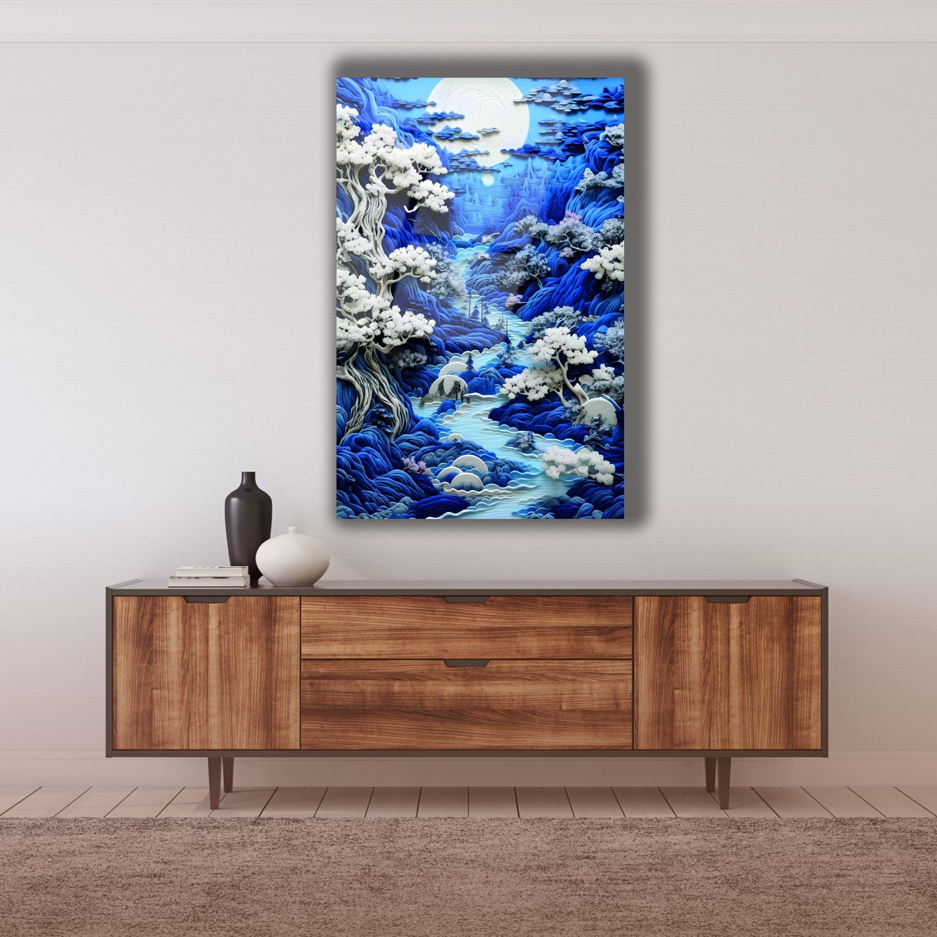 Dolunayda Akan Nehir Cam Tablo