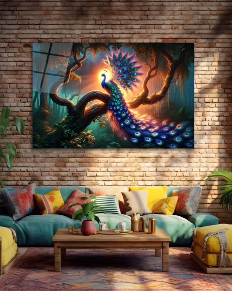 Göz Alıcı Tavus Kuşu Cam Tablo 90x60