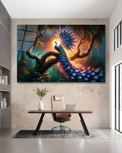 Göz Alıcı Tavus Kuşu Cam Tablo 90x60