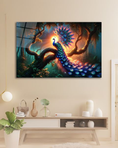 Göz Alıcı Tavus Kuşu Cam Tablo 90x60