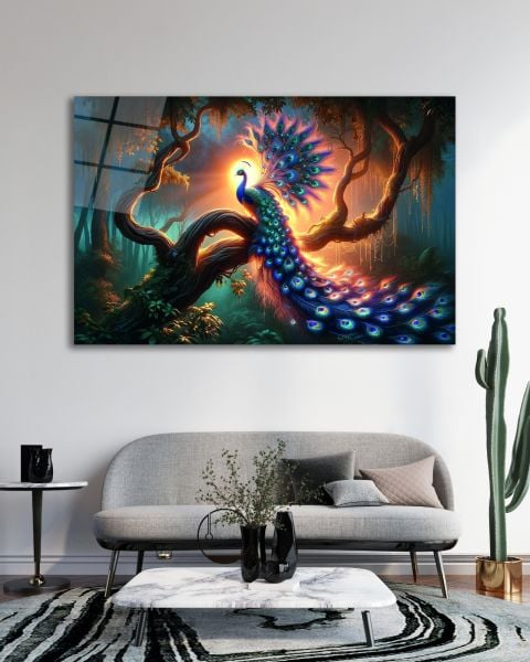 Göz Alıcı Tavus Kuşu Cam Tablo 90x60