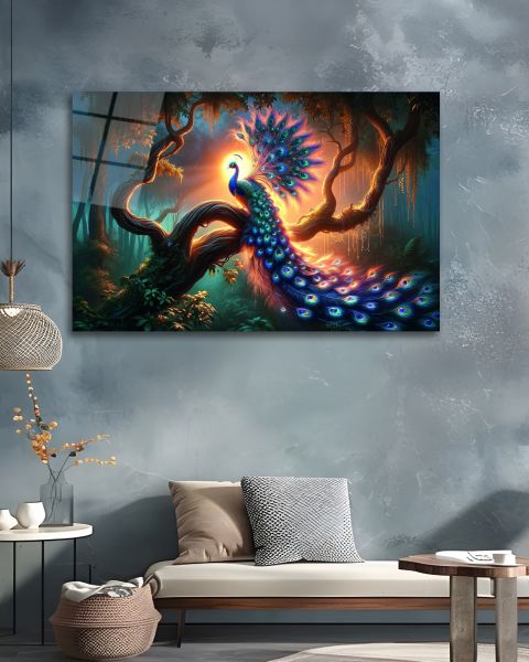 Göz Alıcı Tavus Kuşu Cam Tablo 90x60
