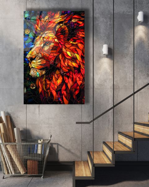 Vitray Görünümlü Aslan Cam Tablo