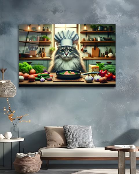Aşçı Kedi Cam Tablo
