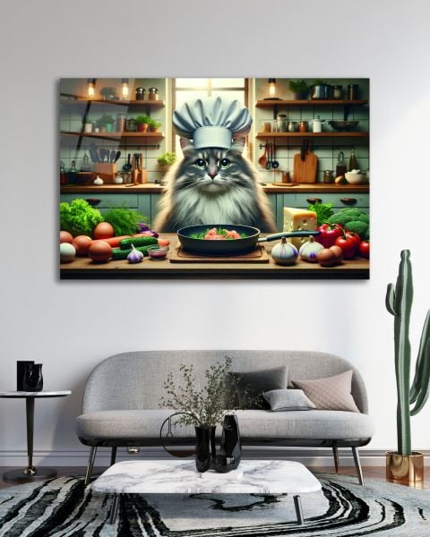 Aşçı Kedi Cam Tablo