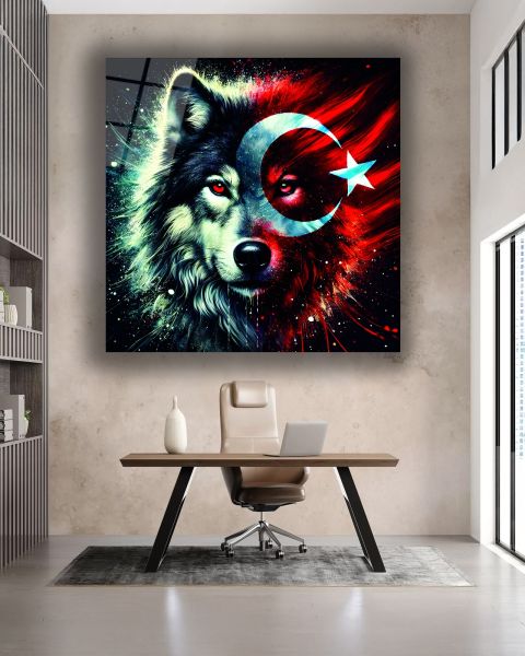 Bozkurt ve Türk Bayrağı Kare Cam Tablo