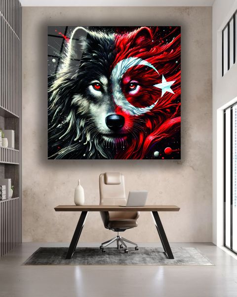 Bozkurt ve Türk Bayrağı Kare Cam Tablo