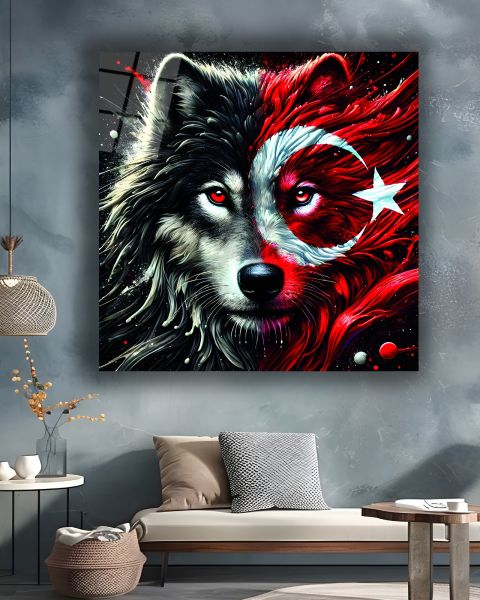 Bozkurt ve Türk Bayrağı Kare Cam Tablo