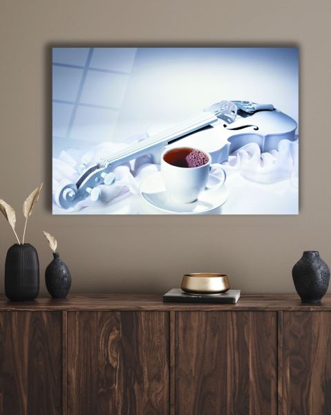 Müzik Çay Keman Mutfak Natürmort Cam Tablo