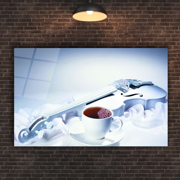 Müzik Çay Keman Mutfak Natürmort Cam Tablo