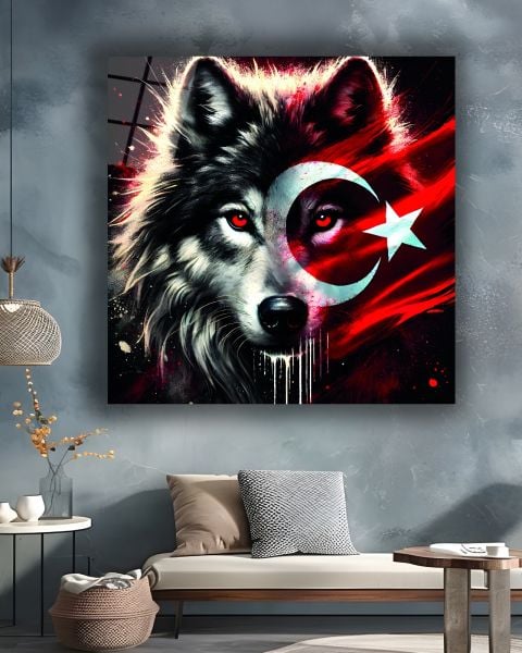 Bozkurt ve Türk Bayrağı Kare Cam Tablo