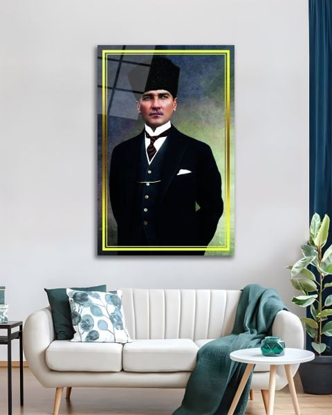 Sarı Çerçeve Görünümlü Atatürk Cam Tablo