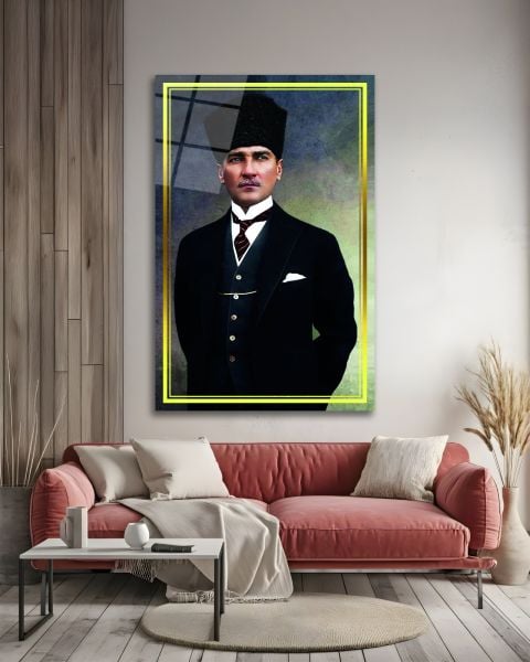 Sarı Çerçeve Görünümlü Atatürk Cam Tablo