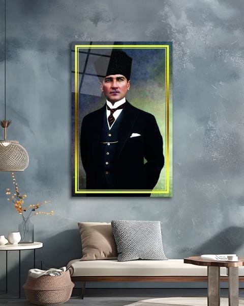 Sarı Çerçeve Görünümlü Atatürk Cam Tablo