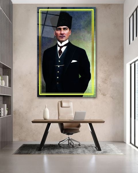 Sarı Çerçeve Görünümlü Atatürk Cam Tablo