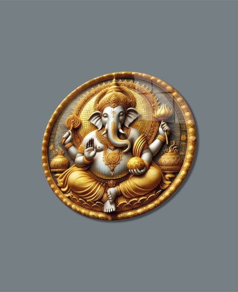 Lord Ganesha Yuvarlak Cam Tablo