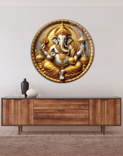 Lord Ganesha Yuvarlak Cam Tablo