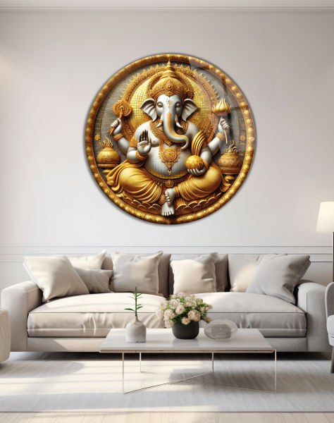 Lord Ganesha Yuvarlak Cam Tablo