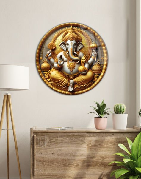 Lord Ganesha Yuvarlak Cam Tablo