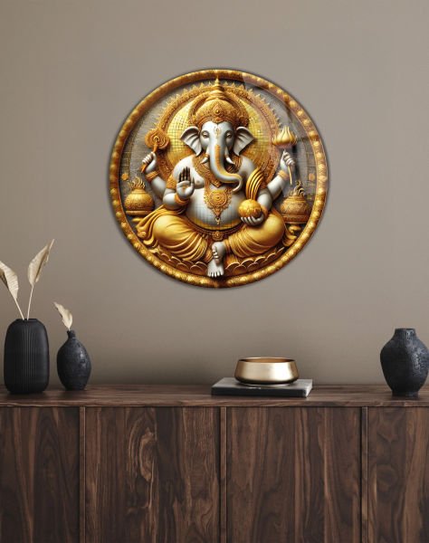 Lord Ganesha Yuvarlak Cam Tablo