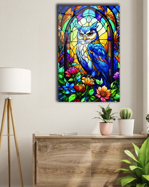 Vitray Görünümlü Baykuş Cam Tablo