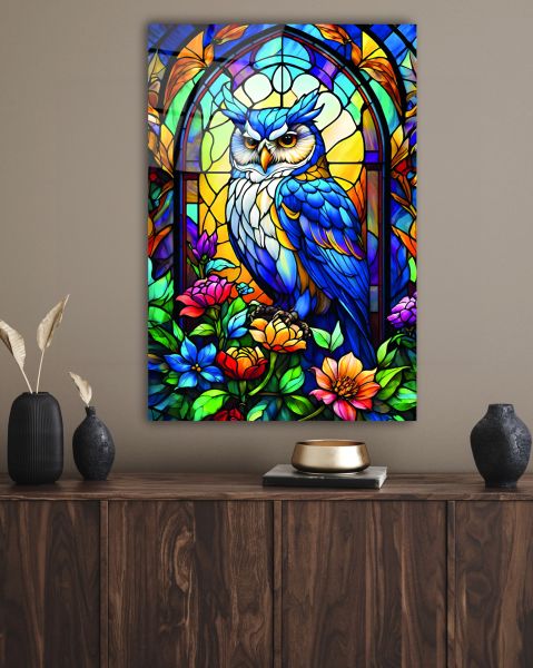 Vitray Görünümlü Baykuş Cam Tablo