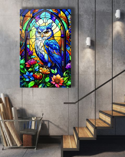 Vitray Görünümlü Baykuş Cam Tablo