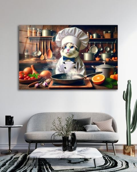 Aşçı Kedi Cam Tablo
