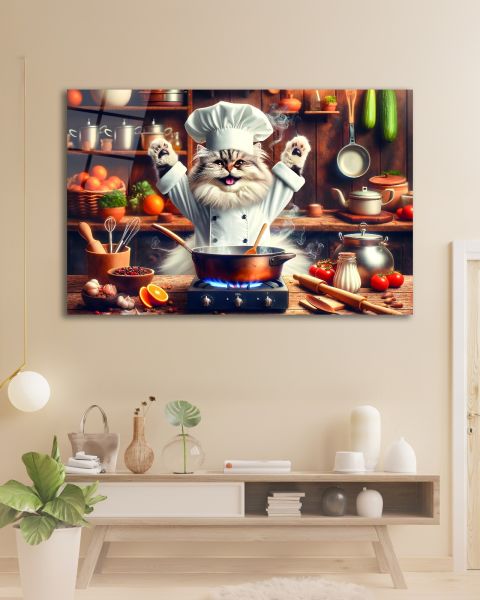Aşçı Kedi Cam Tablo