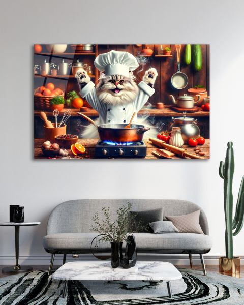 Aşçı Kedi Cam Tablo