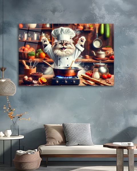 Aşçı Kedi Cam Tablo