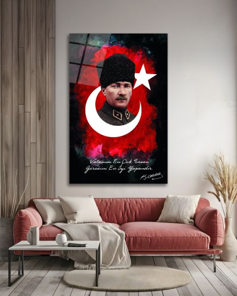 Vatanını En Çok Seven Görevini En İyi Yapandır Atatürk Cam Tablo