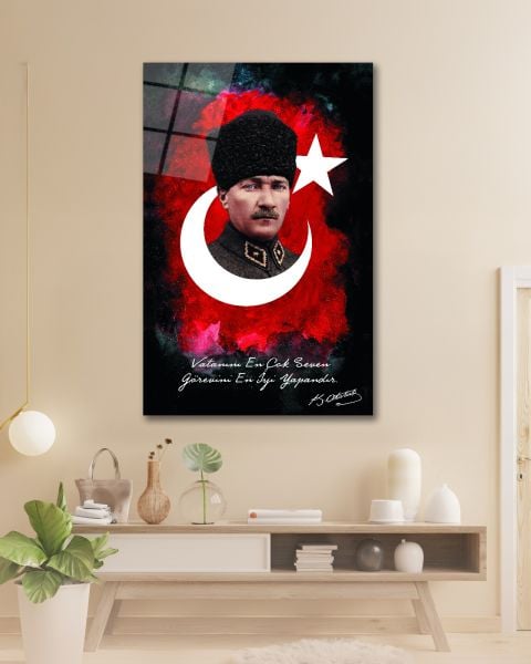 Vatanını En Çok Seven Görevini En İyi Yapandır Atatürk Cam Tablo