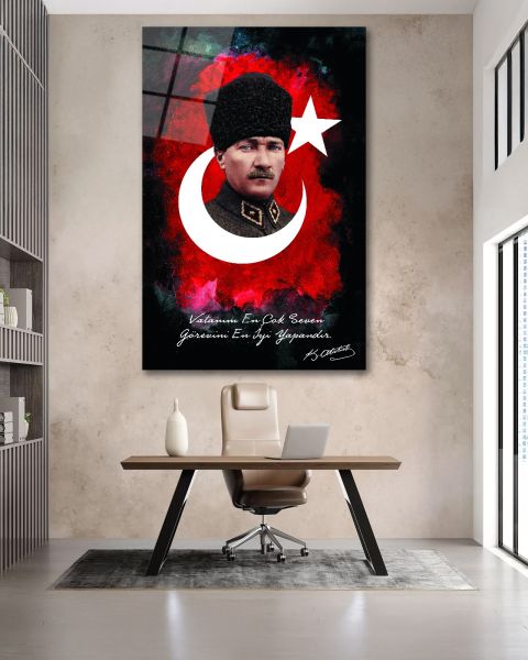 Vatanını En Çok Seven Görevini En İyi Yapandır Atatürk Cam Tablo