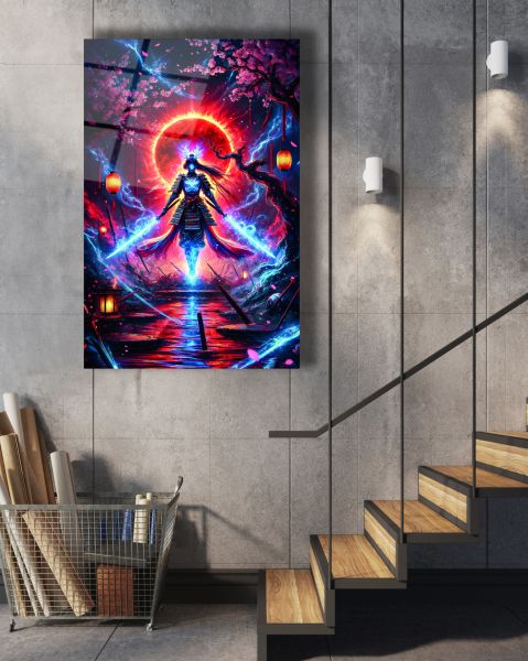 Neon Yıldırım Kılıcı Ustası Kadın Cam Tablo
