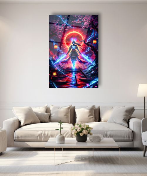 Neon Yıldırım Kılıcı Ustası Kadın Cam Tablo