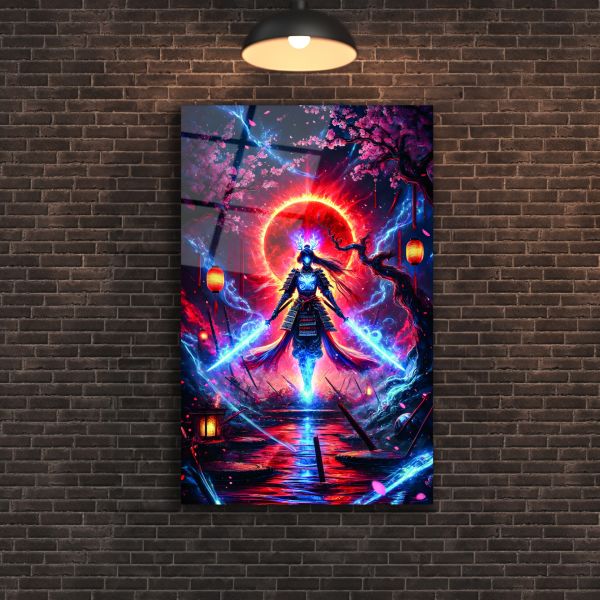 Neon Yıldırım Kılıcı Ustası Kadın Cam Tablo