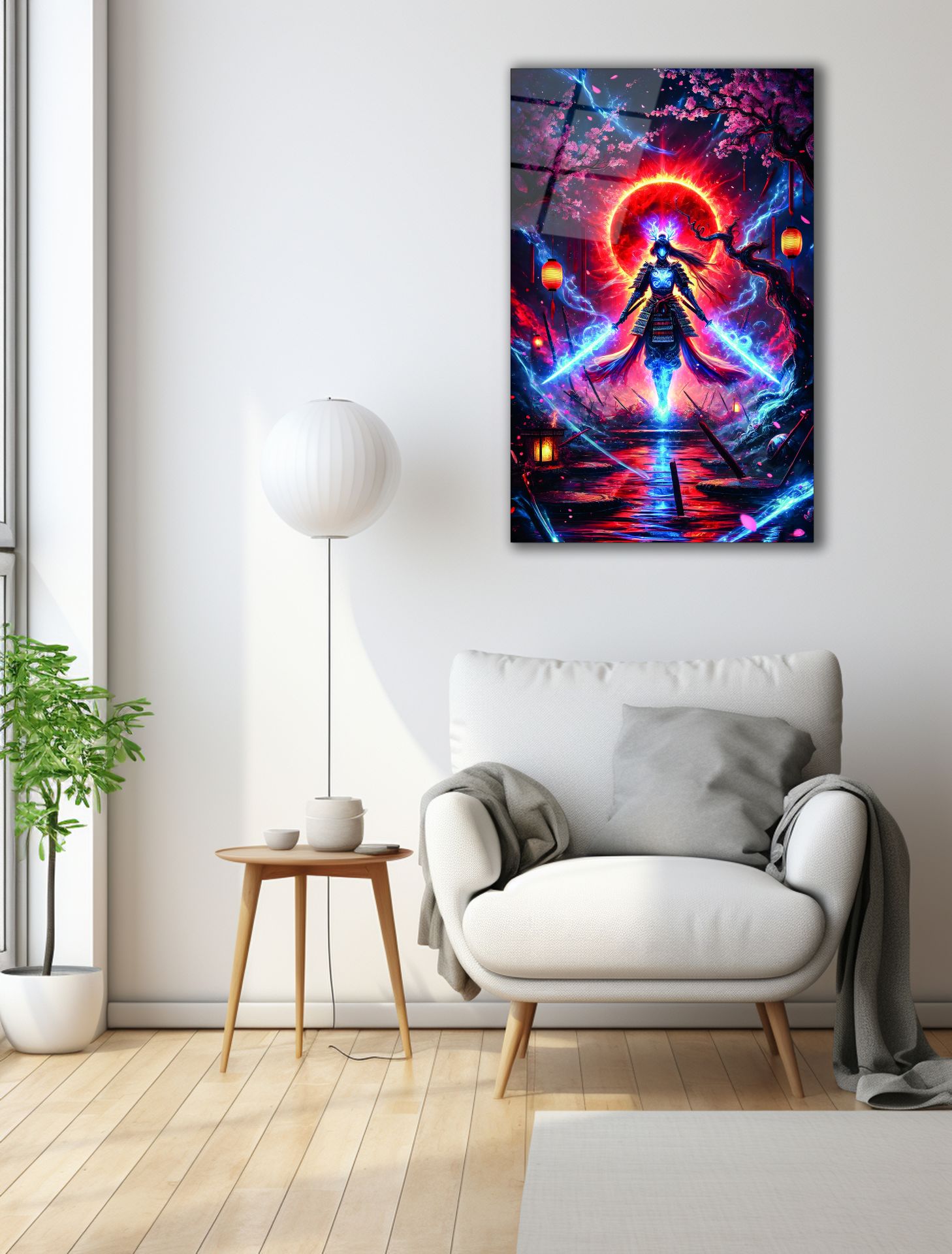 Neon Yıldırım Kılıcı Ustası Kadın Cam Tablo