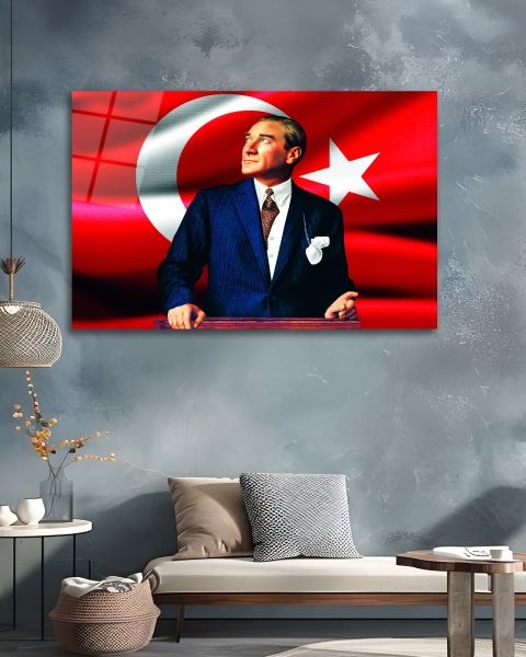 Atatürk ve Türk Bayrağı Cam Tablo