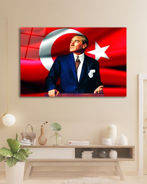 Atatürk ve Türk Bayrağı Cam Tablo