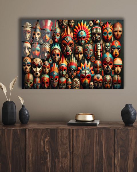 Afrika Kabile Maskeleri Cam Tablo