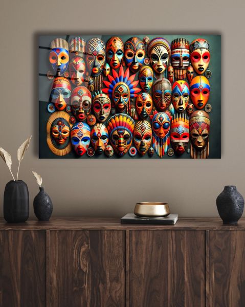 Afrika Kabile Maskeleri Cam Tablo